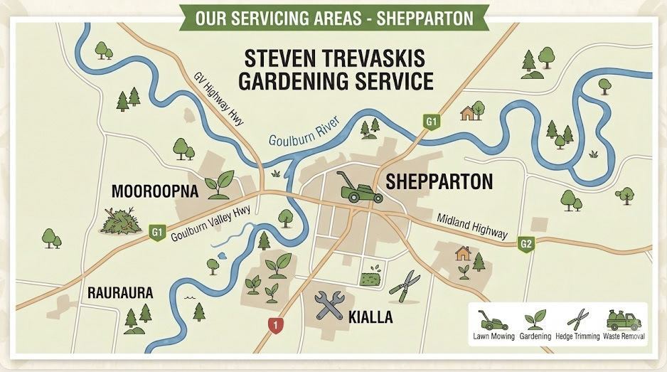 Steven Trevaskis Gardening Service area map covering Shepparton, Kialla and Mooroopna